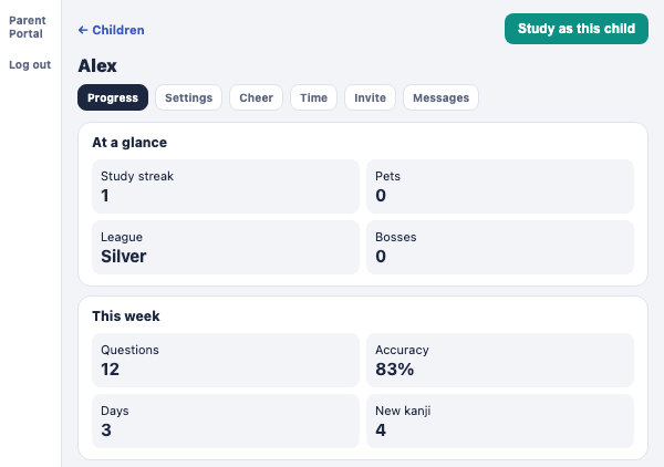 Parent dashboard — Kanji Trial